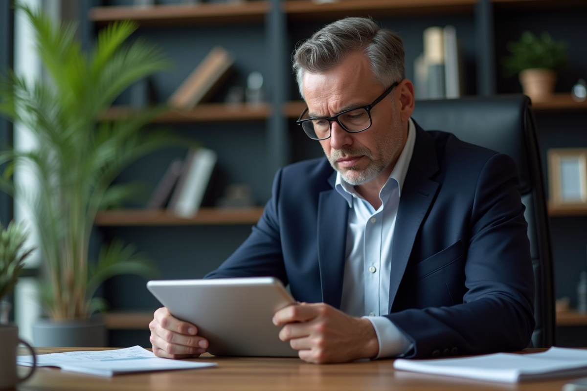 Homme d'affaires en costume bleu analysant des graphiques financiers