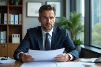 Homme d'affaires en costume bleu dans un bureau moderne