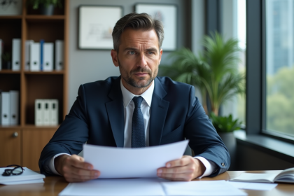 Homme d'affaires en costume bleu dans un bureau moderne