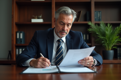 Homme d'affaires en costume bleu examine des documents financiers