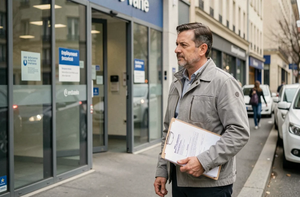 Homme devant une agence pour l'emploi tenant des documents relatifs à ses droits au chômage