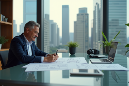 Homme d'affaires en blazer examinant des plans et documents