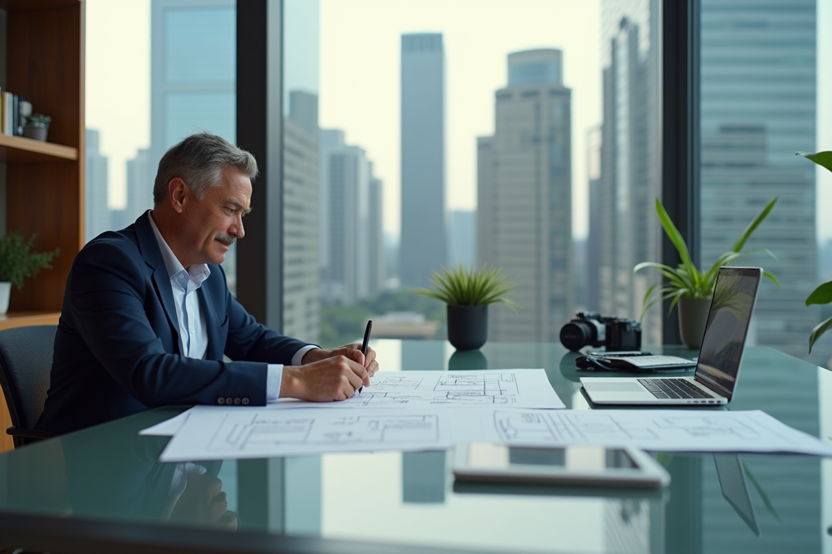 Homme d'affaires en blazer examinant des plans et documents