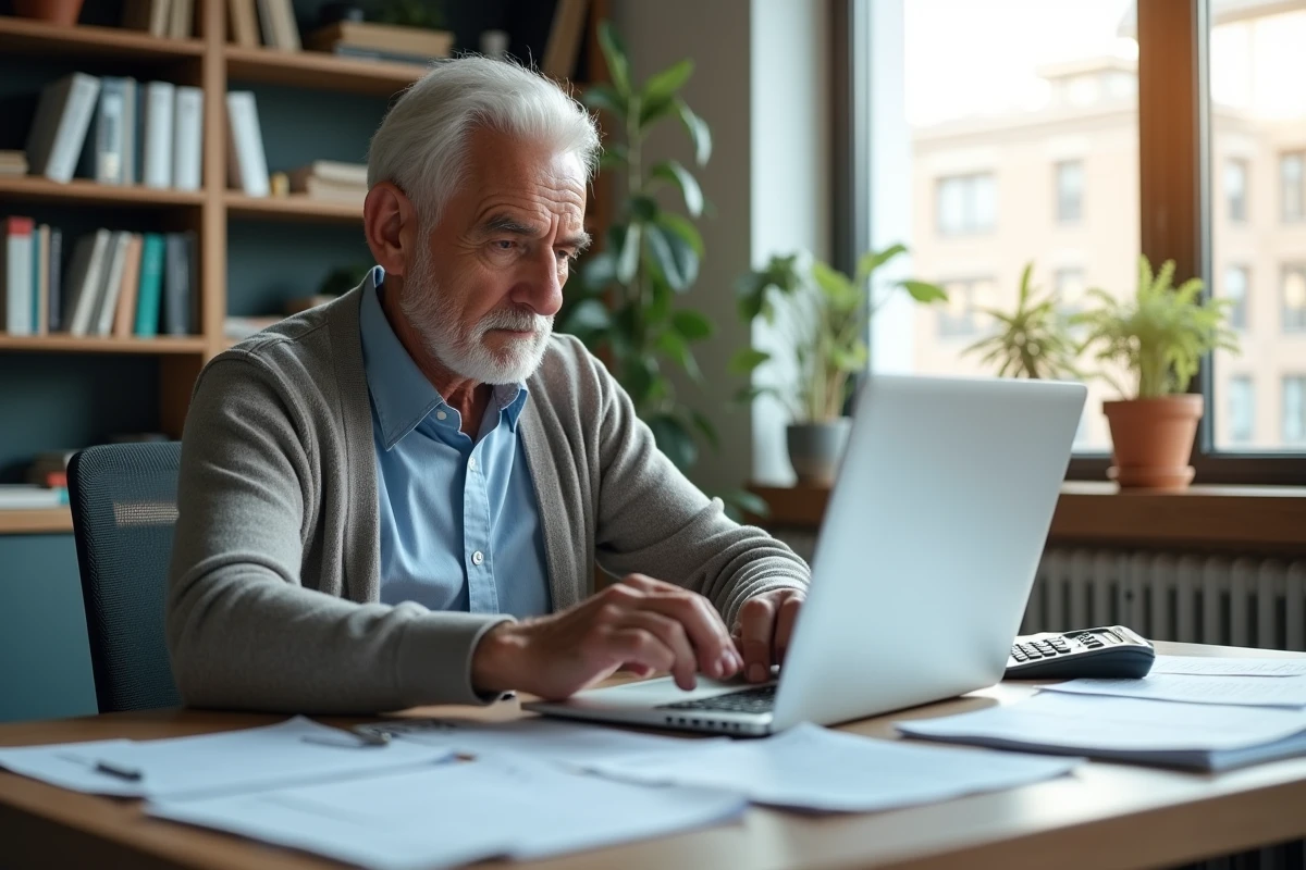 Homme âgé vérifiant ses paiements de retraite au bureau