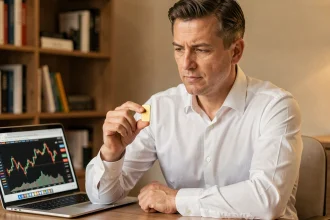 Homme analysant un lingot d'or de 24 carats dans un bureau moderne pour investissement