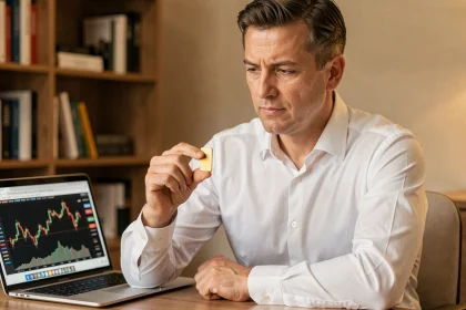 Homme analysant un lingot d'or de 24 carats dans un bureau moderne pour investissement
