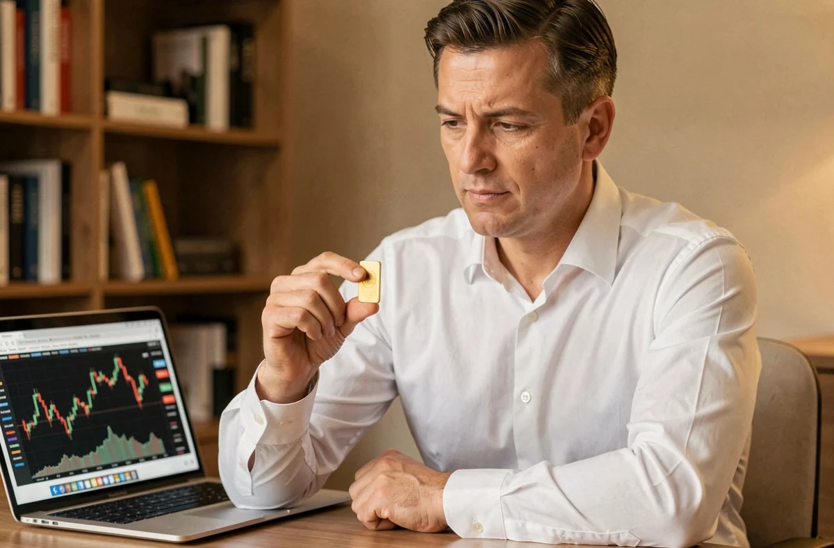 Homme analysant un lingot d'or de 24 carats dans un bureau moderne pour investissement