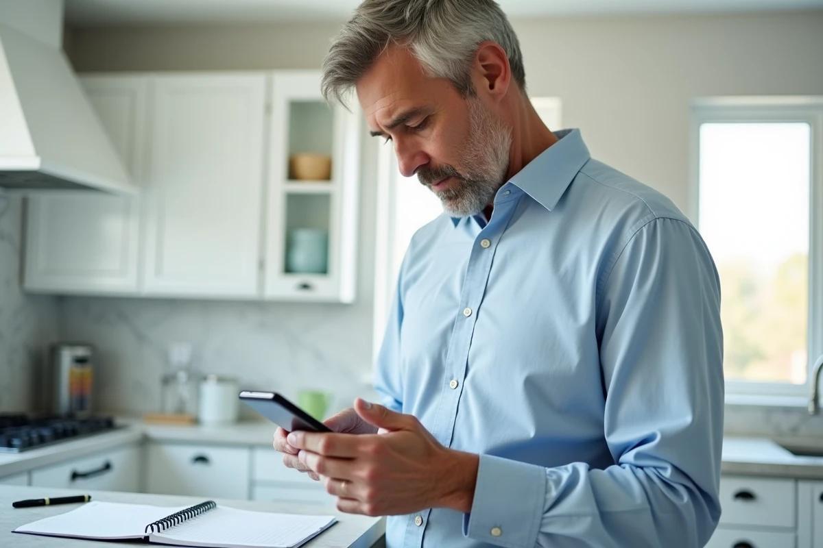 Homme vérifiant son application mobile LCL pour suivre son budget familial dans une cuisine moderne