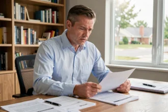 Homme consultant des documents d'assurance emprunteur à son bureau à domicile