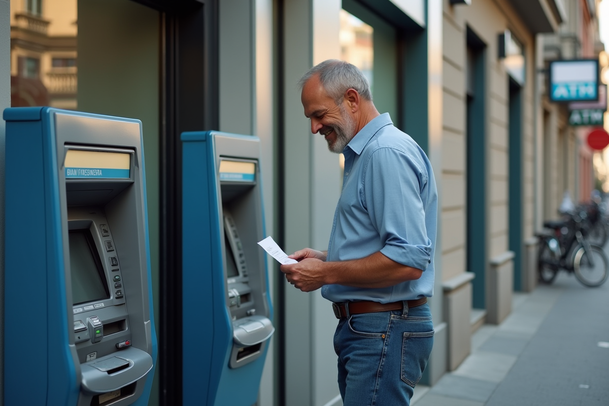 Homme d âge moyen souriant après retrait à un distributeur automatique