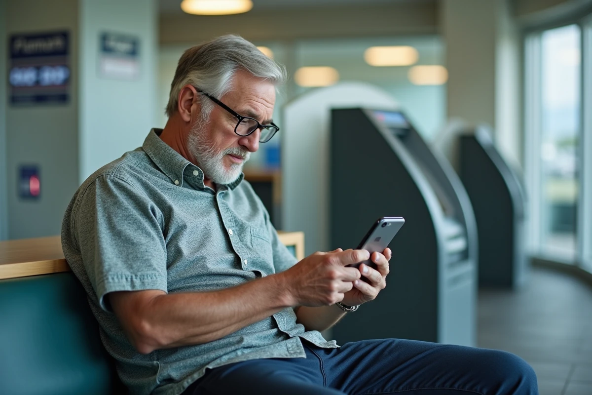 Homme âgé attendant dans une banque en regardant son smartphone