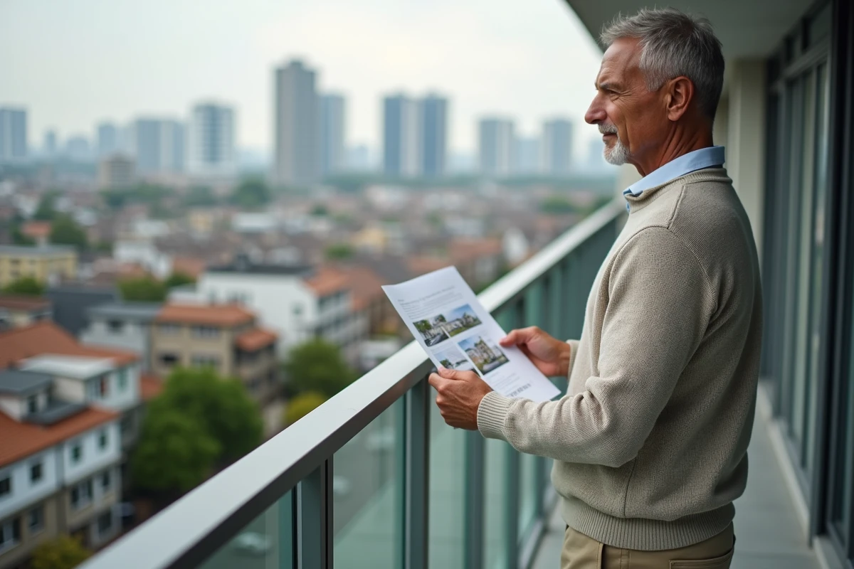 Homme regardant le quartier depuis un balcon urbain