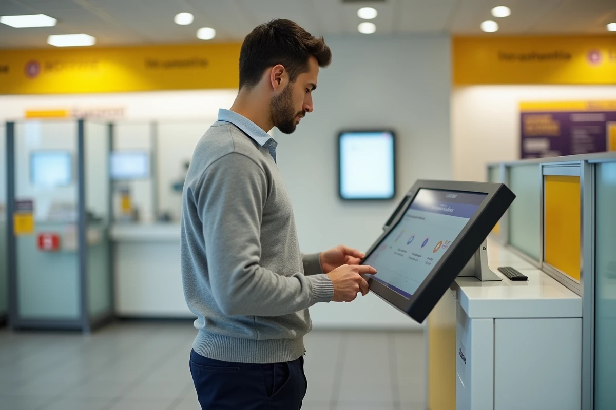 Homme consultant son compte CCP sur une borne interactive de La Banque Postale