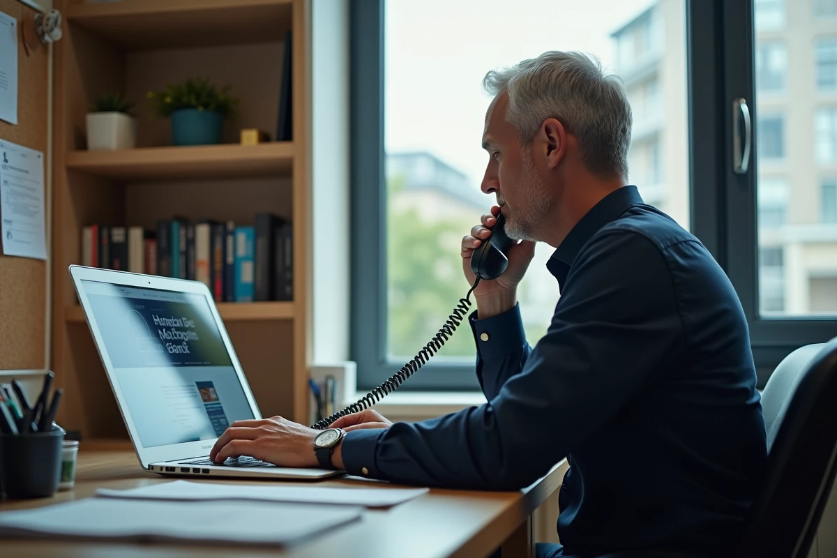 Homme consultant un site bancaire Cetelem à son bureau à domicile tout en téléphonant au service client