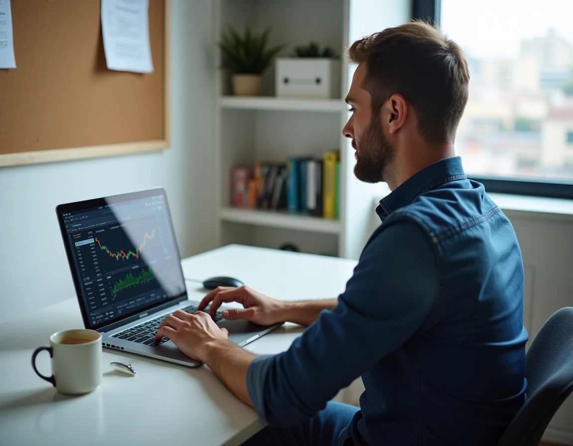 Homme détendu travaillant sur un tableau de bord financier depuis un bureau à domicile minimaliste, symbolisant la gestion de crédit flexible en fin de mois