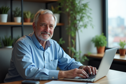 Homme d age en tenue de travail sur un ordinateur dans un bureau moderne