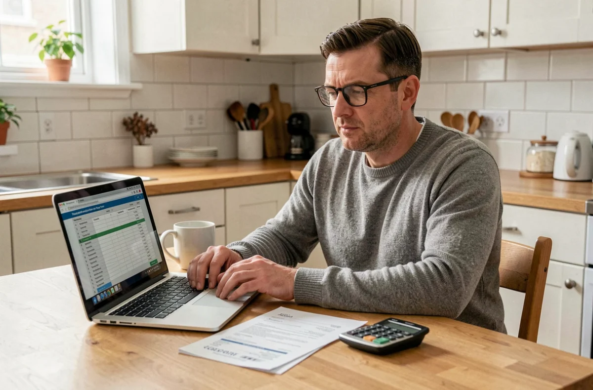 Homme avec calculatrice et ordinateur portable calculant la conversion brut net de sa fiche de paie