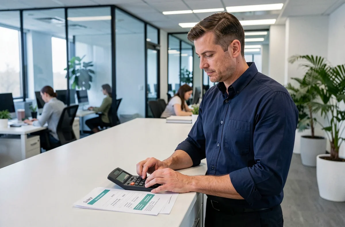 Homme calculant les cotisations salariales et le salaire net dans un bureau professionnel moderne