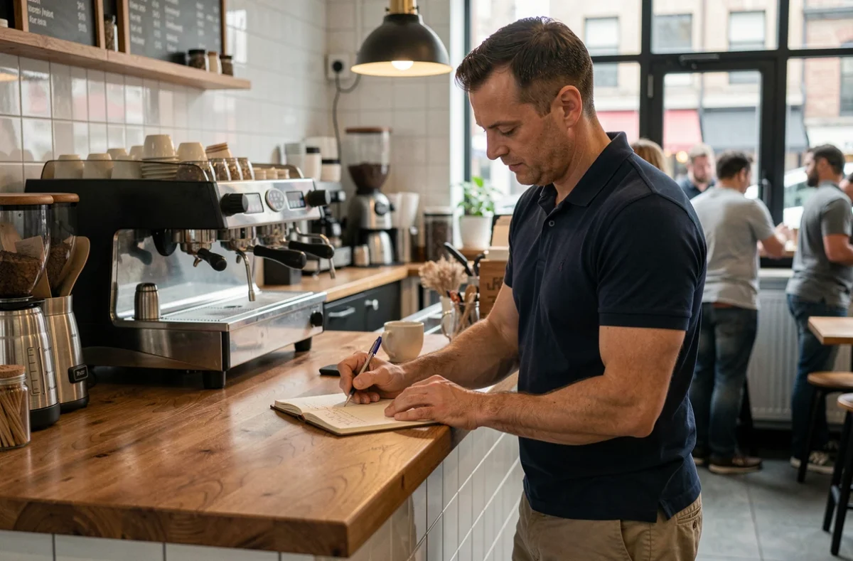 Homme calculant ses heures complémentaires dans un café, contexte du travail à temps partiel et du salaire au SMIC pour 25 heures hebdomadaires