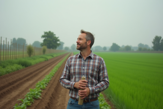 Homme en champs agricoles tenant un plan et regardant l'horizon