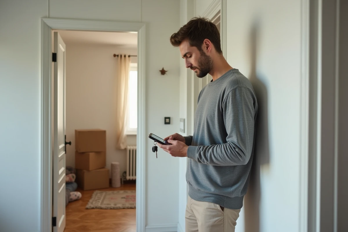 Homme tenant ses clés et consultant une demande d'APL sur son téléphone à l'entrée de son nouveau logement