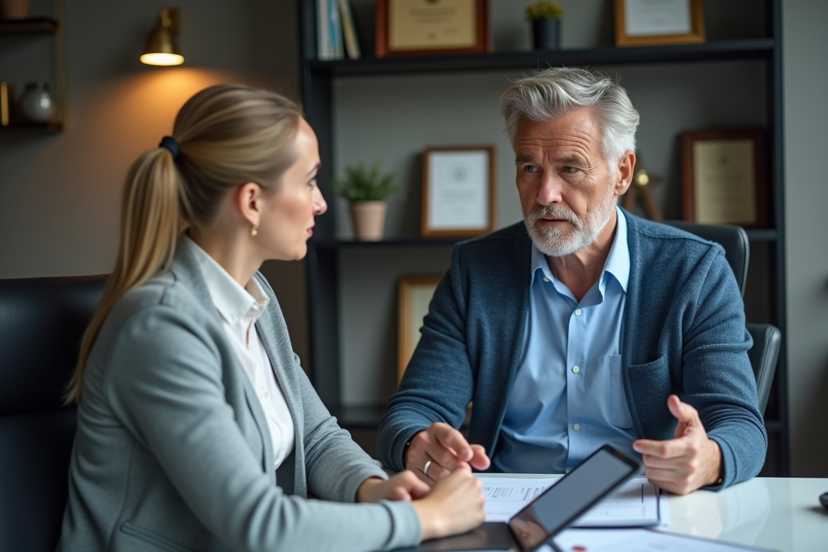 Homme d age moyen consulte un conseiller financier au bureau
