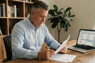 Homme de 40 ans examinant un contrat d'assurance emprunteur à son bureau à domicile