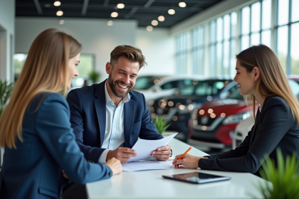 Homme souriant examinant documents de prêt auto en concession