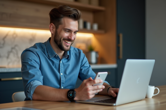 Homme souriant vérifiant ses transactions crypto à la maison
