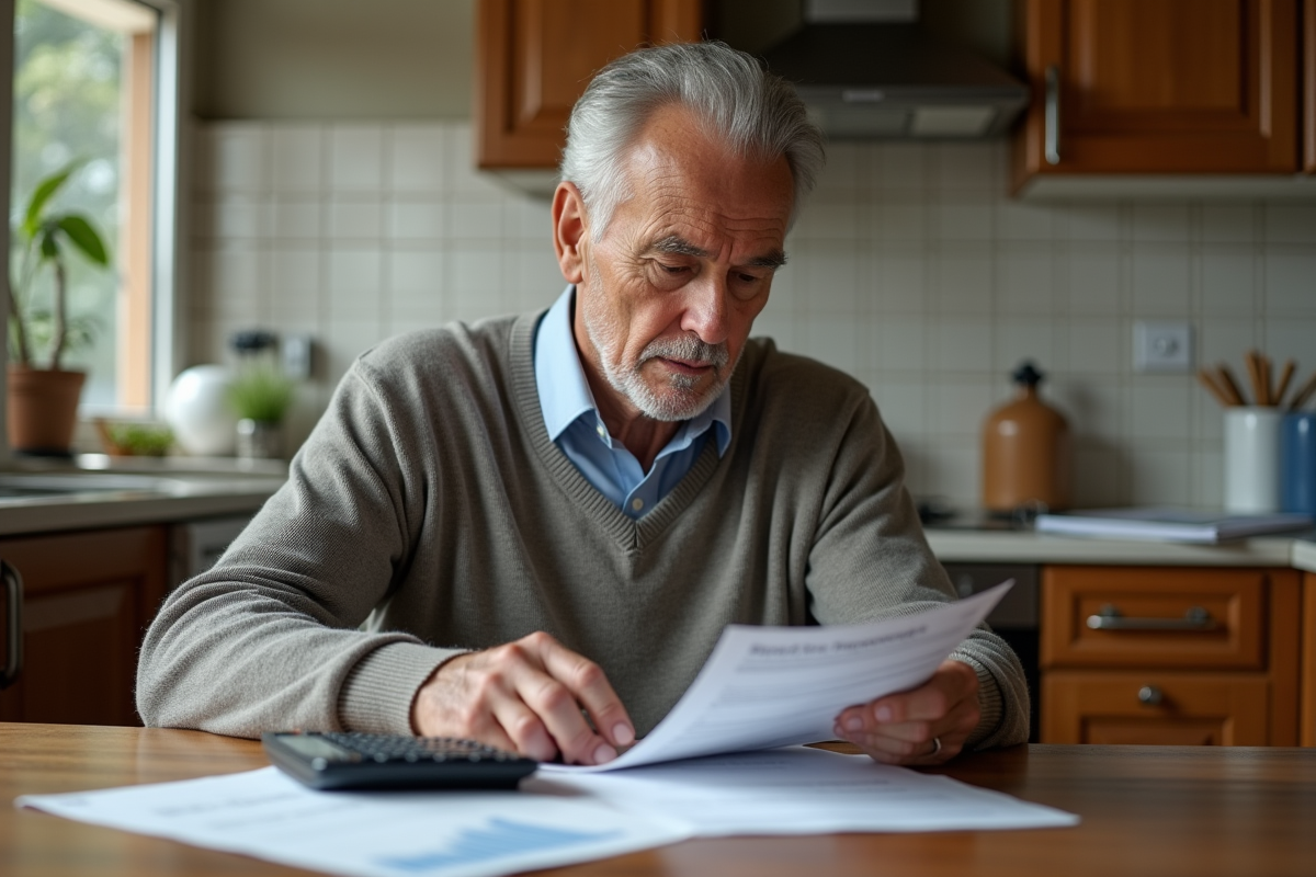 Homme à la maison vérifiant ses factures dans la cuisine