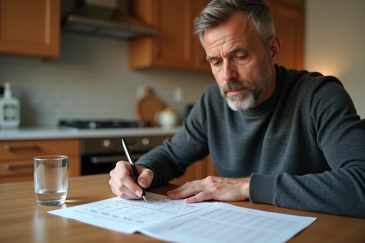 Homme remplissant une feuille de temps avec un tableau heure centième en référence sur une table de cuisine