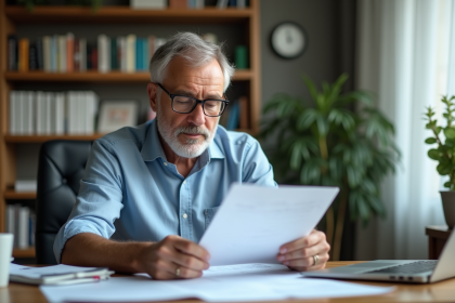 Homme d'âge moyen examinant des documents financiers dans un bureau à domicile