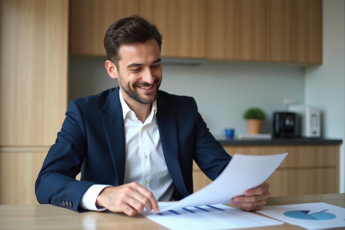 Homme en costume bleu examinant des documents financiers