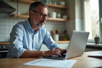 Homme français concentré sur son ordinateur dans une cuisine moderne