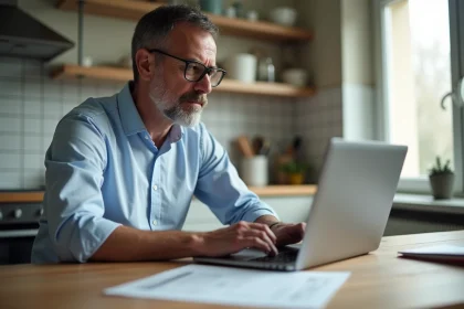 Homme français concentré sur son ordinateur dans une cuisine moderne