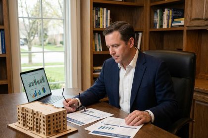 Homme consultant des documents d'investissement immobilier dans un bureau à domicile pour diversifier son patrimoine