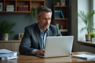 Homme sérieux lisant des documents juridiques sur son ordinateur