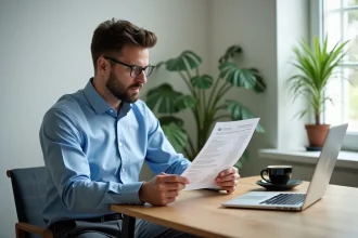 Homme en chemise bleue étudie une fiche de paie à son bureau
