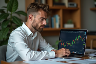 Homme concentré devant un ordinateur avec graphique crypto
