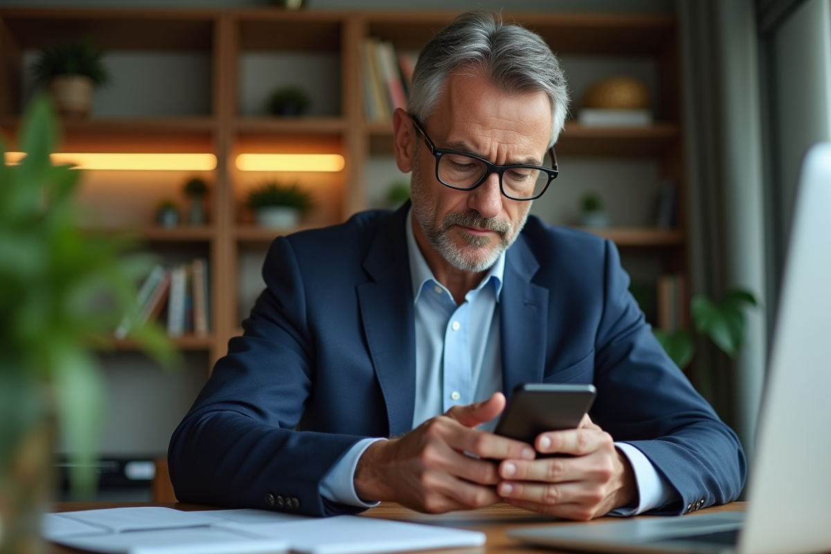 Homme d affaires vérifiant ses recompenses cashback sur smartphone