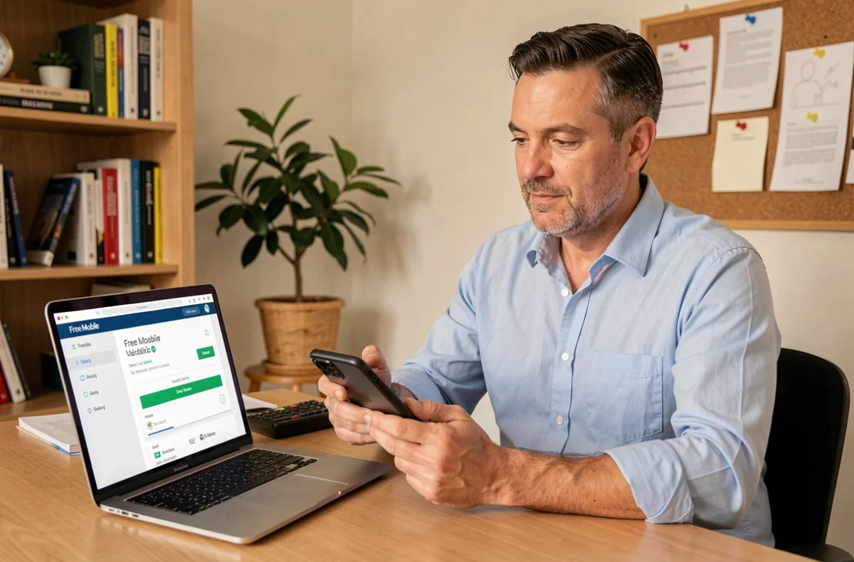 Homme gérant le paiement de sa facture Free Mobile depuis son bureau à domicile