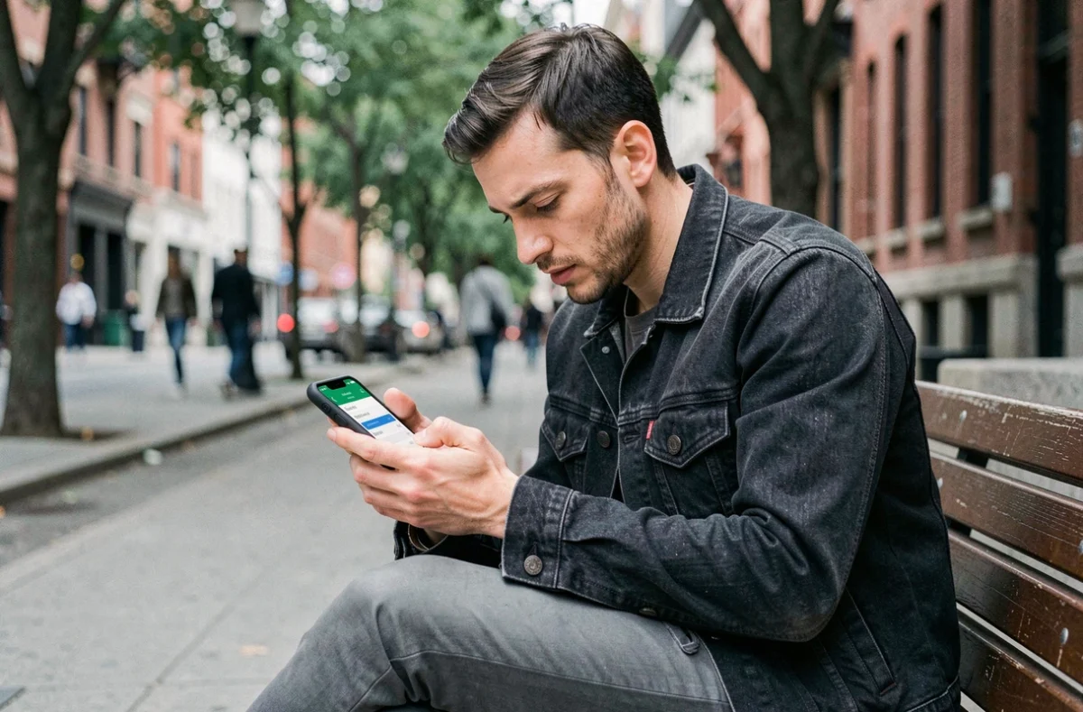 Homme consultant et réglant sa facture Free Mobile sur téléphone en ville