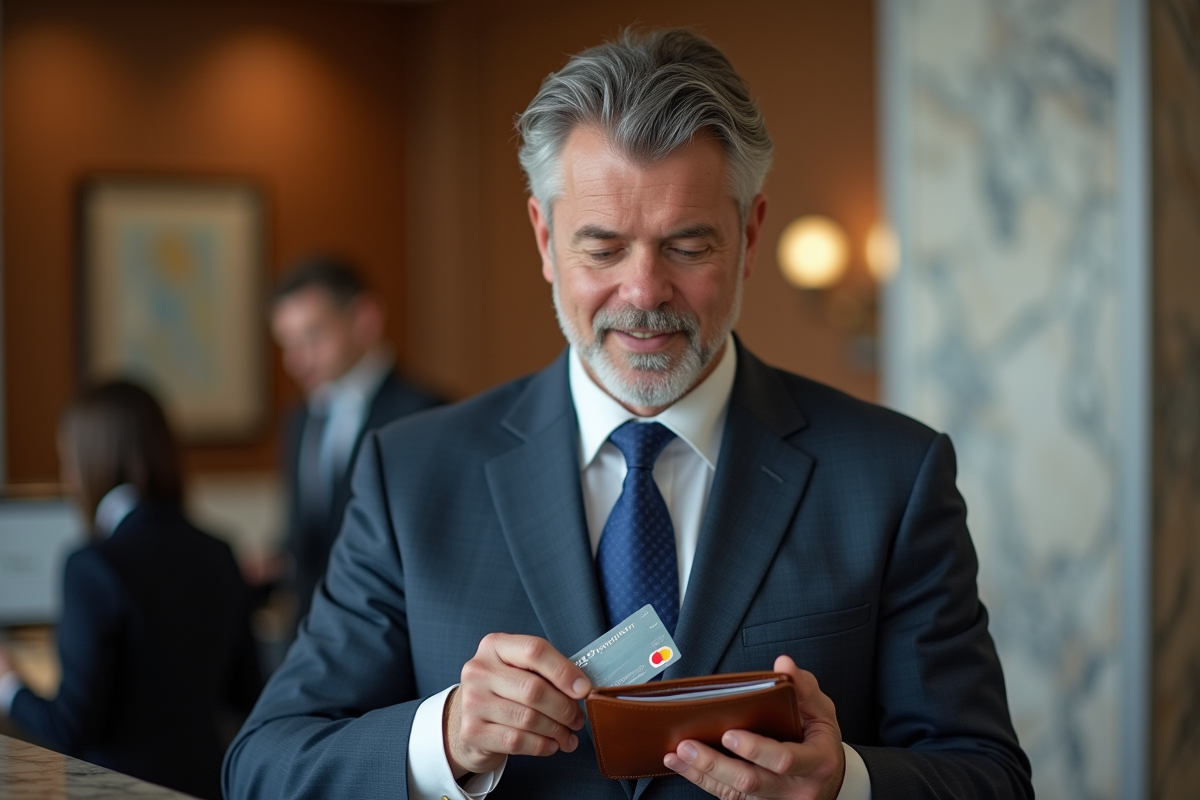 Homme d affaires insérant sa carte Visa dans son portefeuille