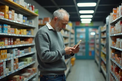 Homme tenant un reçu de caisse devant un comptoir de bureau de tabac belge, expression préoccupée face aux prix élevés des cigarettes en 2026