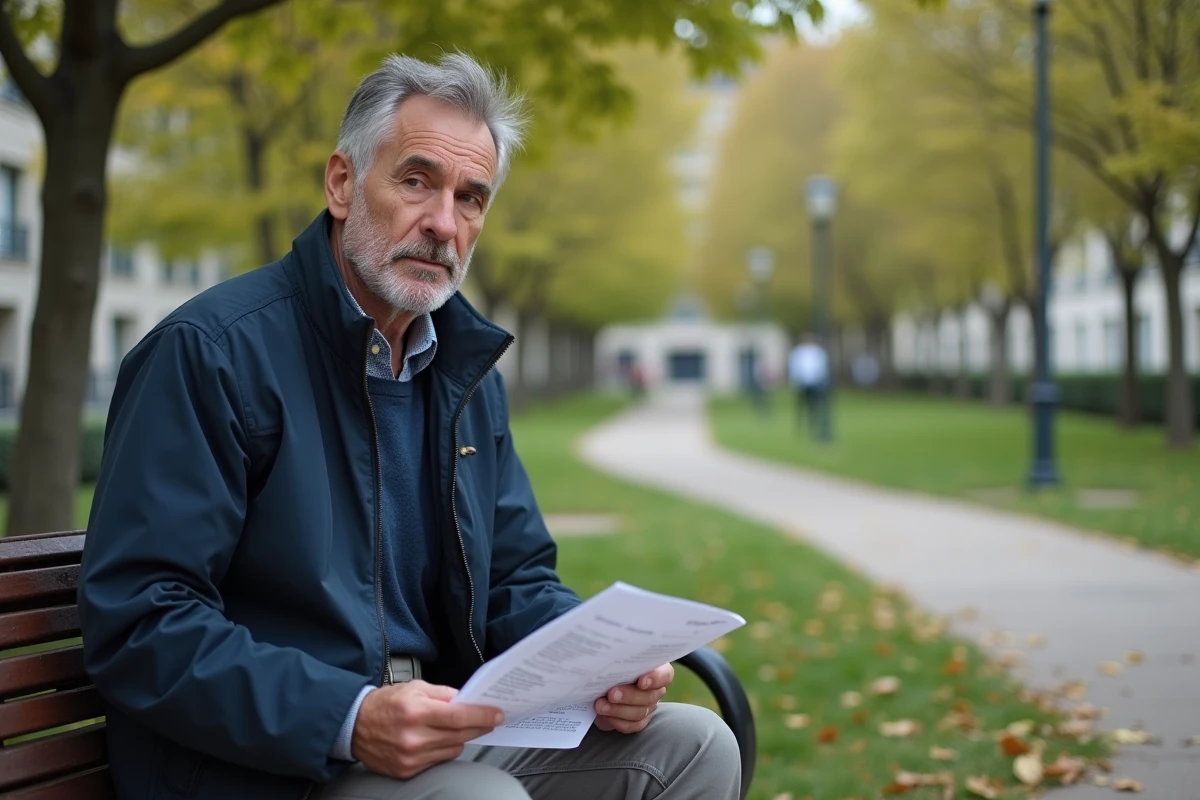 Homme âgé vérifiant ses factures dans un parc français