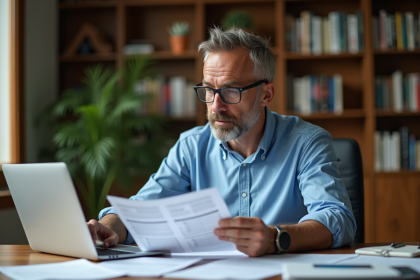 Homme dapproche tardive examine documents de retraite dans son bureau