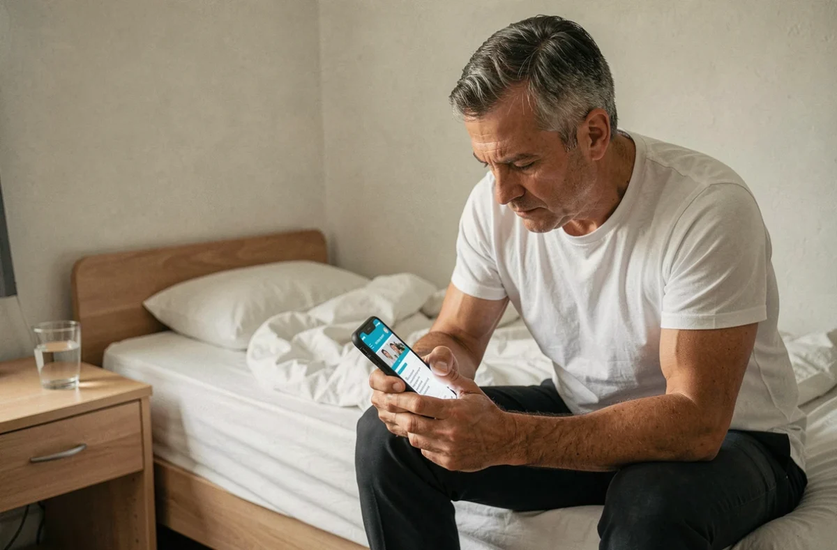 Homme seul consultant ses droits au RSA sur smartphone dans un studio modeste