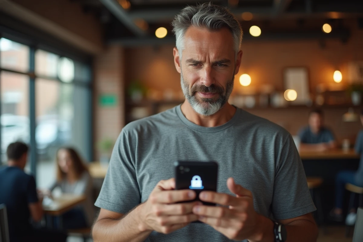 Homme vérifiant une alerte d'authentification sur son smartphone dans un café pour sécuriser son espace client Free Mobile