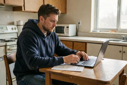 Homme seul consultant des documents administratifs sur le RSA dans un appartement modeste