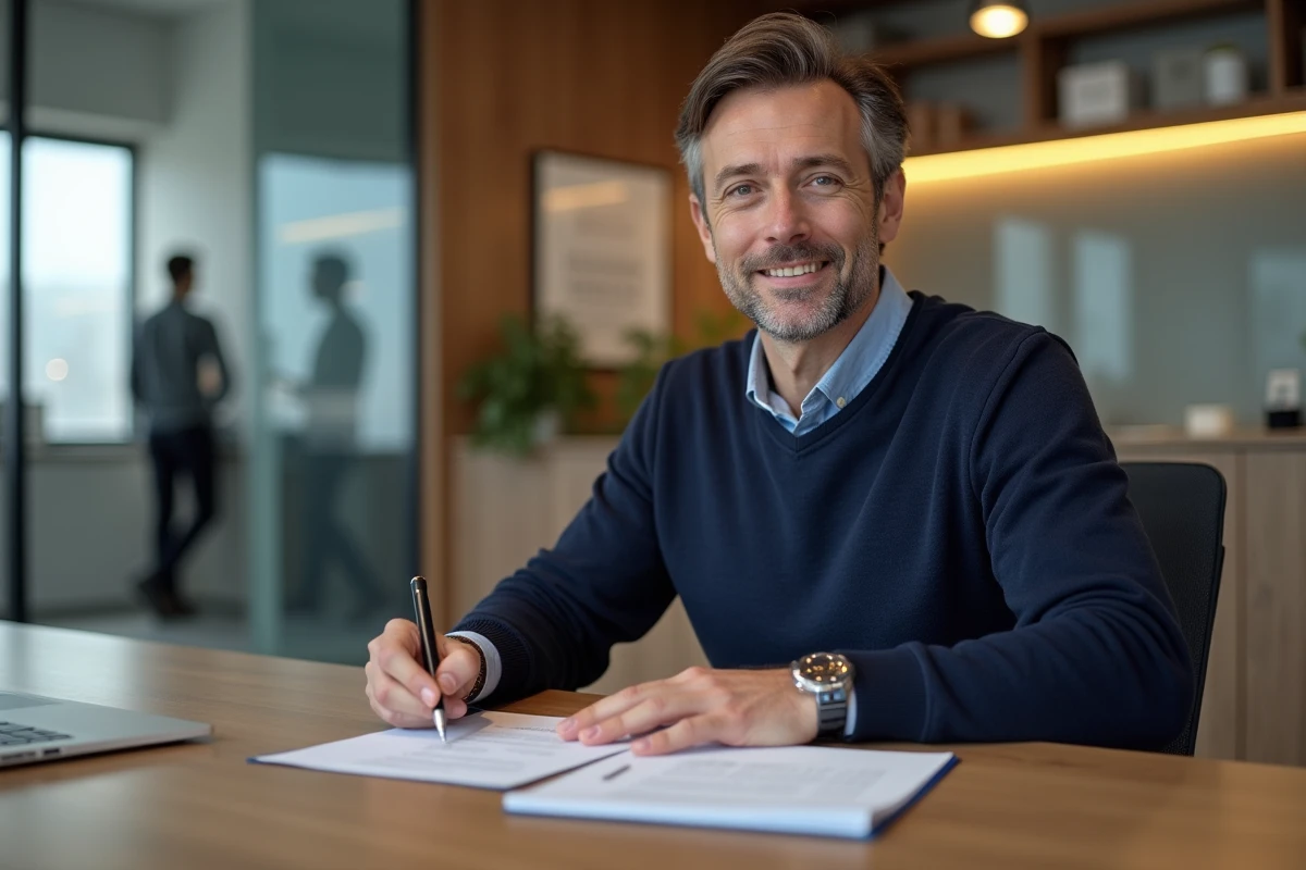 Homme signe un contrat de prêt dans un bureau moderne